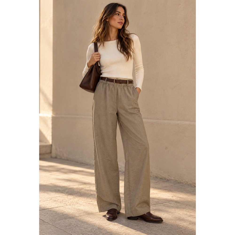Banana Republic Wide Leg Wool Pants Tan Elastic Waist Quiet Luxury M